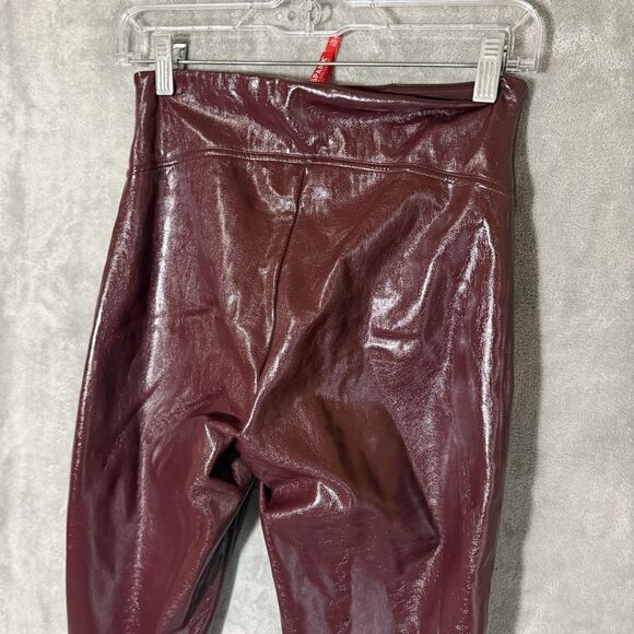Spanx Pants Women Small Faux Patent Leather Leggings Ruby Burgundy Pull On - Picture 3 of 10